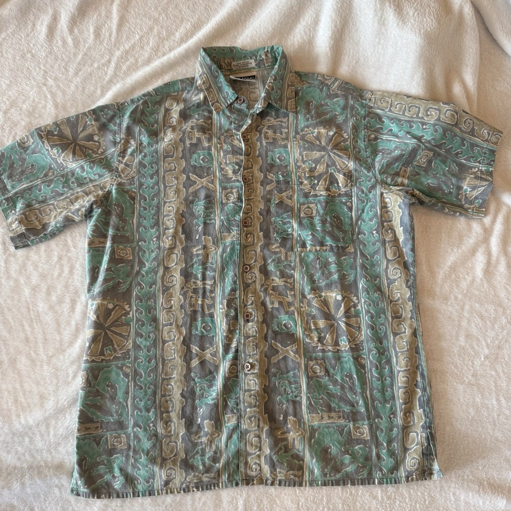 Vintage 90s Surf Gear Shirt Men's Medium Short Sleeve Hawaiian Tribal Aztec